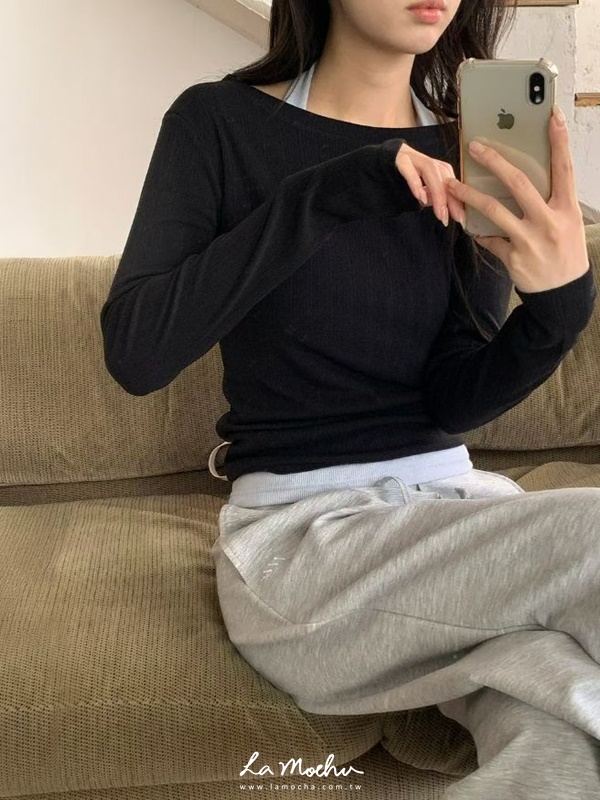 掛脖低領水洗坑條棉背心